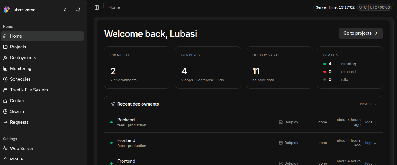 Dokploy dashboard